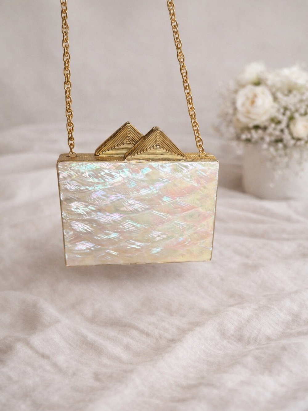 Iridescent Shell Effect Box Clutch with Gold Chain - Picture 8 of 12